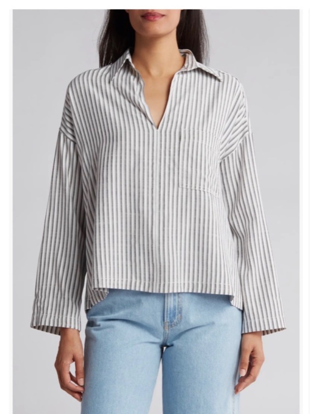 Max Studio Stripe Collared Top w/ optional sleeve roll up